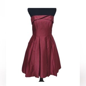 WHBM burgundy strapless layered cocktail midi dress with pockets, size 6
